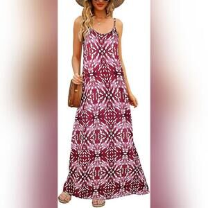NWT Supnier Casual V Neck Sleeveless Bohemian Maxi Dress with Pockets, Small